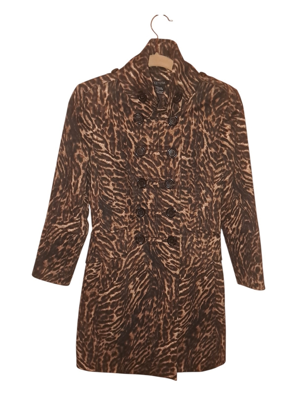 Etcetera Brown and Black Animal-Print Double-Breasted Pea Coat Size 0